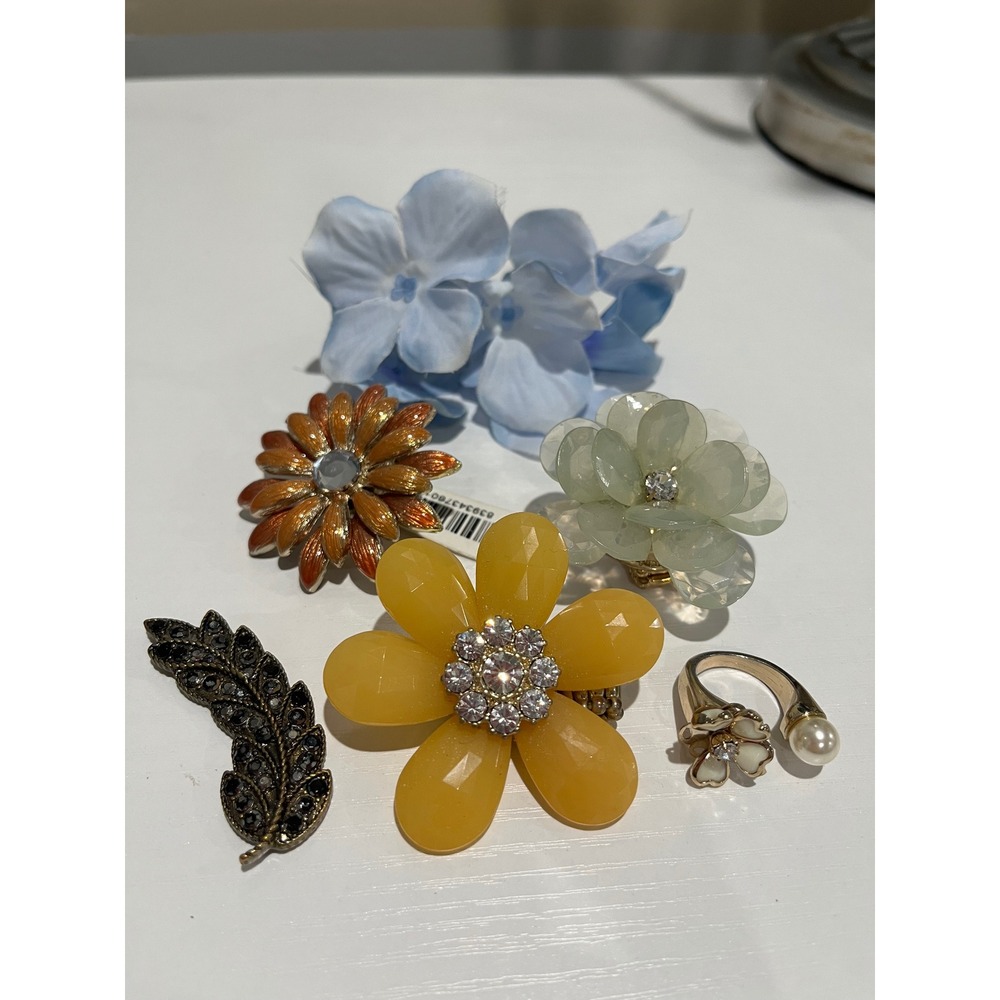 Floral Statement Ring Lot of 3 Stretch Bands + Faux Pearl + Leaf Rhinestone